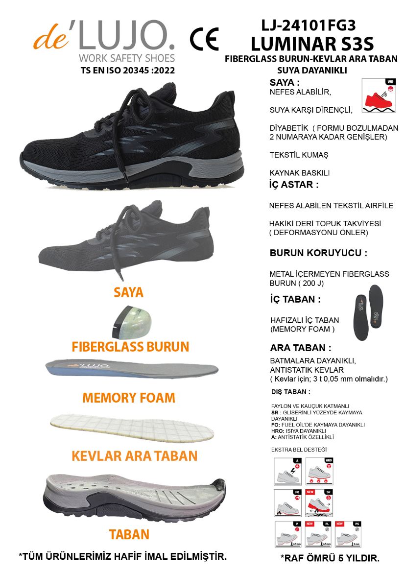 De Lujo. Lumınar S3s Iş Ayakkabısı Fıberglass Burun Kevlar Ara Taban - Suya Dayanıklı  SİYAH TEKSTİL ET.LJ-24101FG3SİYAH TEKSTİL resmi
