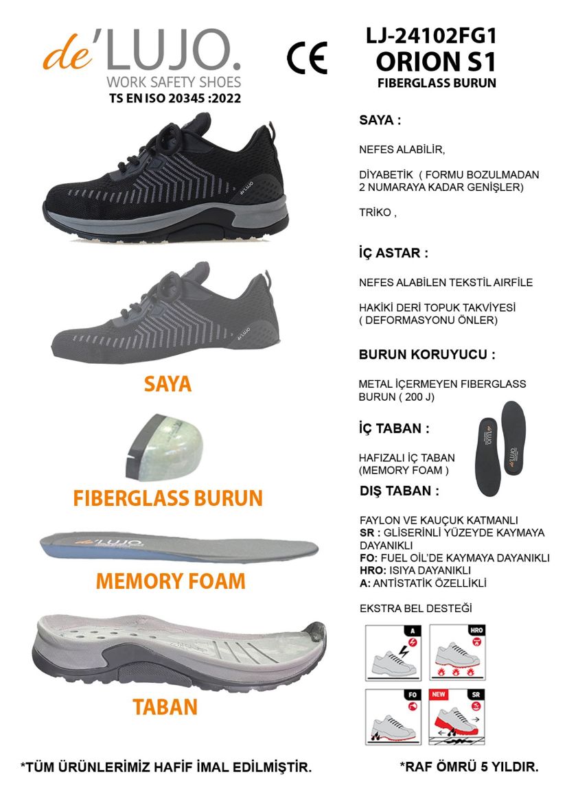 De Lujo. Orıon S1 Yazlık Iş Ayakkabısı Fıberglass Burun   SİYAH-GRİ TRİKO ET.LJ-24102FG1SİYAH-GRİ TRİKO resmi