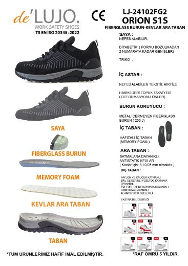 De Lujo. Orıon S1s Yazlık  Iş Ayakkabısı Fıberglass Burun Kevlar Ara Taban  SİYAH-GRİ TRİKO resmi