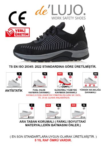 De Lujo. Orıon S1s Yazlık  Iş Ayakkabısı Fıberglass Burun Kevlar Ara Taban  SİYAH-GRİ TRİKO resmi