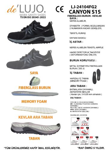 De Lujo. Canyon S1s Iş Ayakkabısı Fıberglass Burun Kevlar Ara Taban  SİYAH TEKSTİL resmi