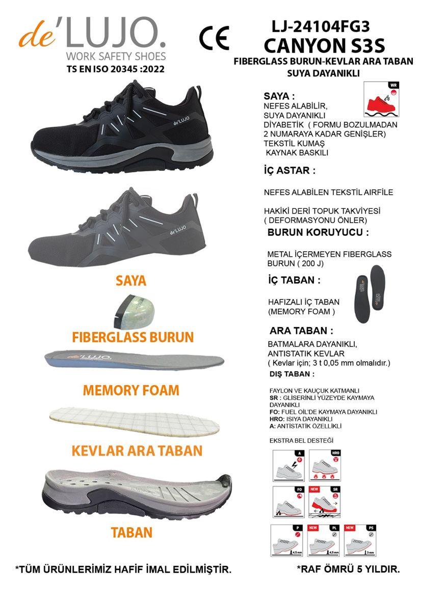De Lujo. Canyon S3s Iş Ayakkabısı Fıberglass Burun Kevlar Ara Taban - Suya Dayanıklı  SİYAH TEKSTİL ET.LJ-24104FG3SİYAH TEKSTİL resmi