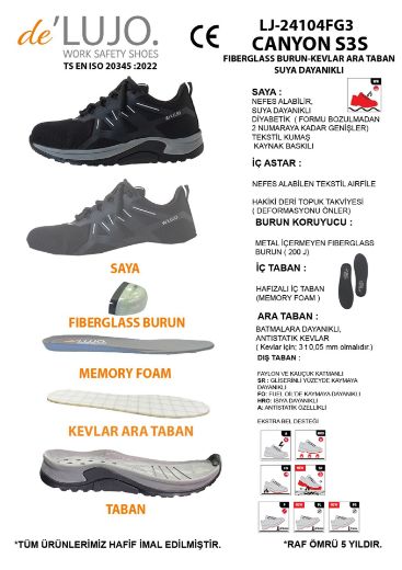 De Lujo. Canyon S3s Iş Ayakkabısı Fıberglass Burun Kevlar Ara Taban - Suya Dayanıklı  SİYAH TEKSTİL resmi